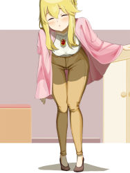 Rule 34 | 1girl, :o, blonde hair, blush, breasts, brooch, brown pants, cape, clarice (idolmaster), collarbone, closed eyes, hair between eyes, idolmaster, idolmaster cinderella girls, jewelry, large breasts, leaning forward, motomoufu (p blanket), necklace, pants, pink cape, shirt, solo, thigh gap, white shirt