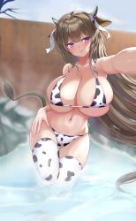 Rule 34 | 1girl, absurdres, animal ears, animal print, areola slip, azur lane, bikini, blurry, blurry background, breasts, brown hair, cleavage, cow ears, cow girl, cow horns, cow print, cow tail, hair ribbon, highres, horns, huge breasts, kashino (azur lane), long hair, looking at viewer, onsen, purple eyes, ribbon, selfie, shenqi (toid310), skindentation, solo, string bikini, swimsuit, tail, thighhighs, very long hair, wading, water, white ribbon