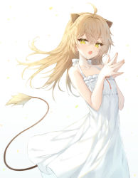 Rule 34 | 1girl, :o, absurdres, ahoge, animal ears, bare arms, blonde hair, copyright request, dress, fang, hair between eyes, halter dress, halterneck, highres, ijac ray, lion ears, lion girl, lion tail, long hair, looking at viewer, rurudo lion, rurudo lion (1st costume), sleeveless, sleeveless dress, solo, steepled fingers, tail, virtual youtuber, white dress, yellow eyes