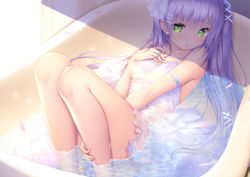 Rule 34 | 1girl, arm between legs, bare legs, bare shoulders, bathing, bathtub, blush, breasts, collarbone, dress, green eyes, hair between eyes, hair ornament, hand on own chest, holding, holding hair, long hair, looking at viewer, lying, medium breasts, on back, open mouth, original, purple hair, solo, wet, wet clothes, wet dress, white dress, zizi (zz22)