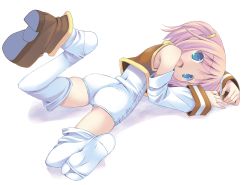 Rule 34 | 1girl, ass, blue eyes, boots, brown footwear, brown shirt, detached sleeves, fallen down, feet, from behind, full body, highres, legs, legs up, looking back, loose thighhigh, lying, moetan, nijihara ink, on stomach, one-piece swimsuit, open mouth, pink hair, pop (electromagneticwave), school swimsuit, shirt, short hair, simple background, single boot, soles, solo, swimsuit, thighhighs, thighs, two side up, white background, white sleeves, white one-piece swimsuit, white thighhighs