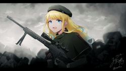Rule 34 | 1girl, barrett mrad, black hat, blonde hair, blue eyes, cape, commission, gradient hair, hat, highres, looking at viewer, multicolored hair, non-web source, open mouth, skeb commission, solo, virtual youtuber, weapon, zeta (vtuber)