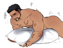 Rule 34 | 1boy, bara, blush, closed eyes, completely nude, cum, dark-skinned male, dark skin, facial hair, feet out of frame, from side, goatee, highres, humping, jewelry, liliiliillj, lying, male focus, male masturbation, masturbation, mature male, muscular, muscular male, mustache, nude, on stomach, original, pectorals, pillow, ring, short hair, solo, thick eyebrows, thick thighs, thighs, torogao, trembling