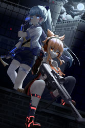 Rule 34 | 2girls, :d, absurdres, alternate costume, ayaka (genshin impact), backlighting, black shorts, black thighhighs, blunt bangs, boots, building, bullet, cloud, cloudy sky, commentary request, contemporary, fox mask, full moon, genshin impact, glowing, glowing eyes, grey eyes, grey hair, gun, hair between eyes, hair ornament, hair ribbon, hair tubes, headphones, highres, holding, holding bullet, holding gun, holding mask, holding sword, holding weapon, katana, knee boots, long hair, long sleeves, looking at viewer, mask, moon, mouth hold, multiple girls, night, night sky, open mouth, orange eyes, orange hair, ponytail, ribbon, rifle, short shorts, short sleeves, shorts, sidelocks, single thighhigh, sky, skym (kumei), skyscraper, smile, sniper rifle, spread legs, sword, thighhighs, thighlet, tress ribbon, weapon, yoimiya (genshin impact)