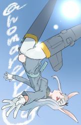 Rule 34 | 1girl, animal ears, ass, black ribbon, blue sky, day, flying, gloves, hairband, homare (homaredai), lens flare, long hair, long sleeves, original, pantyhose, rabbit ears, rabbit tail, red eyes, ribbon, silver hair, sky, solo, strike witches, striker unit, sun, tail, twitter username, upside-down, white gloves, white pantyhose, world witches series
