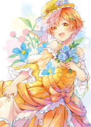Rule 34 | 10s, 1girl, bouquet, bow, detached sleeves, dress, floral background, floral print, flower, frills, hair ornament, hairclip, hat, hat bow, hat flower, hoshizora rin, lace, long dress, looking at viewer, love live!, love live! school idol festival, love live! school idol project, open mouth, orange hair, rio.lw, short hair, skirt hold, smile, solo, striped, x hair ornament, yellow eyes