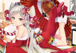 Rule 34 | 1girl, alternate costume, amatsukaze (kancolle), bare legs, bare shoulders, black nails, blush, breasts, brown eyes, cleavage, commentary request, dog, dress, eyebrows, feet up, flower, hair flower, hair ornament, hair ribbon, hair tubes, heart, high heels, highres, japanese clothes, kantai collection, kimono, long hair, lying, medium breasts, nail polish, nezumidoshi, oil-paper umbrella, on stomach, open mouth, red kimono, ribbon, silver hair, smile, socks, solo, strapless, strapless dress, twintails, two side up, umbrella