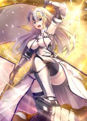 Rule 34 | &gt;:o, 1girl, :o, absurdres, armor, armored boots, armored dress, armpits, bare shoulders, black thighhighs, blonde hair, blue eyes, blush, boots, breasts, chain, dress, fate/grand order, fate (series), faulds, flag, fur trim, gauntlets, greaves, headpiece, highres, jeanne d&#039;arc (fate), jeanne d&#039;arc (ruler) (fate), jeanne d&#039;arc (third ascension) (fate), long hair, looking at viewer, medium breasts, noe noel, open mouth, solo, sword, thighhighs, thighhighs under boots, v-shaped eyebrows, weapon, white dress