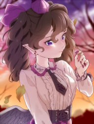Rule 34 | 1girl, black necktie, blouse, brown hair, checkered clothes, checkered skirt, corset, curly hair, earrings, english text, hair ribbon, hat, heart, himekaidou hatate, jewelry, leaf, long sleeves, nail polish, necktie, nose, outdoors, pointy ears, purple eyes, purple nails, purple ribbon, purple skirt, ribbon, satomachi, shirt, skirt, solo, tokin hat, touhou, upper body, white shirt, wings