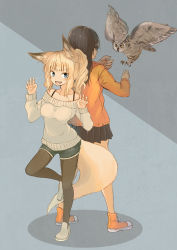 Rule 34 | 2girls, animal ears, back-to-back, batta (kanzume quality), bird, black hair, black legwear, black skirt, blonde hair, blue eyes, bra strap, breasts, claw pose, fox ears, fox girl, fox tail, glasses, hands up, legs, pantyhose under shorts, long hair, looking at viewer, medium breasts, multiple girls, off-shoulder, off-shoulder sweater, open mouth, orange footwear, orange sweater, original, owl, pantyhose, pantyhose under shorts, pleated skirt, ponytail, shoes, short hair, short hair with long locks, short shorts, shorts, skirt, smile, standing, standing on one leg, sweater, tail