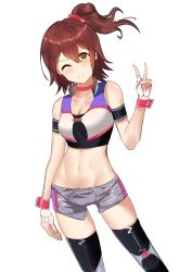 Rule 34 | 1girl, ;), absurdres, bare shoulders, black thighhighs, blush, breasts, brown hair, choker, cleavage, collarbone, commentary, cowboy shot, crop top, fingerless gloves, gloves, hair ornament, highres, idolmaster, idolmaster million live!, k1np, kasuga mirai, looking at viewer, medium breasts, midriff, navel, one eye closed, one side up, race queen, short hair, short shorts, shorts, simple background, smile, solo, standing, thighhighs, v, white background, x hair ornament, yellow eyes