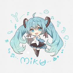 Rule 34 | ahoge, aqua eyes, aqua hair, black footwear, black ribbon, black skirt, black sleeves, blue necktie, boots, character name, chibi, collared shirt, commentary, crossed bangs, detached sleeves, full body, hair ribbon, hatsune miku, highres, long hair, maple (57675110), miniskirt, necktie, no nose, open mouth, pleated skirt, ribbon, shirt, simple background, skirt, smile, symbol-only commentary, thigh boots, tie clip, twintails, very long hair, vocaloid, white shirt