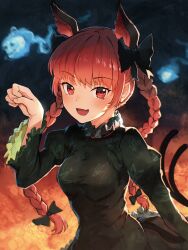 Rule 34 | 1girl, :d, animal ear fluff, animal ears, black bow, bow, braid, cat day, cat ears, cat tail, dress, extra ears, fire, ghost, green dress, highres, hitodama, kaenbyou rin, lava, looking at viewer, multiple tails, open mouth, paw pose, ponpochi, puffy sleeves, red eyes, red hair, skull, smile, sparks, tail, touhou, twin braids, two tails