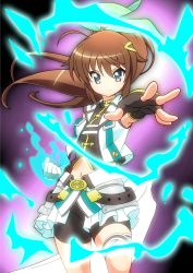 Rule 34 | 1girl, ahoge, aqua eyes, bike shorts, blush, breasts, brown hair, clenched hand, closed mouth, date naoto, fingerless gloves, from side, fuka reventon, gloves, hair ornament, hair ribbon, hairclip, highres, jacket, long hair, looking at viewer, lyrical nanoha, midriff, navel, outstretched arm, ponytail, ribbon, sidelocks, skirt, sleeveless, solo, standing, standing on one leg, thigh strap, vivid strike!