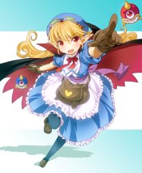 Rule 34 | 1girl, apron, bad id, bad pixiv id, bag, black pantyhose, blonde hair, blue hat, cape, dress, fang, full body, gloves, goggles, goggles on headwear, hat, loafers, long hair, marivel armitage, open mouth, pantyhose, pointing, pointy ears, ratryu, red eyes, ribbon, shoes, smile, solo, waist apron, wild arms, wild arms 2