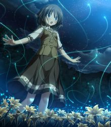 Rule 34 | 1girl, amatsutsumi, breasts, brown hair, cloud, cloudy sky, dress, fireflies, flower, forest, green eyes, hair ribbon, highres, koku, minazuki hotaru (amatsutsumi), nature, night, night sky, open \m/, open mouth, ribbon, skirt, sky, small breasts, solo, standing, star (sky), starry sky