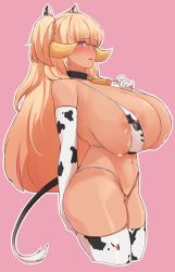 Rule 34 | 1girl, animal ears, animal print, areola slip, artist request, bare shoulders, bikini, blonde hair, breasts, cow ears, cow horns, cow print, cow tail, cowbell, dark-skinned female, dark elven forest ranger, dark skin, elbow gloves, from side, gigantic breasts, gloves, hand on ass, hand on own chest, highleg, highleg bikini, highres, horns, lactation, lactation through clothes, last origin, long hair, looking at viewer, looking to the side, micro bikini, milk, navel, pink background, purple eyes, sideboob, simple background, skindentation, solo, swimsuit, tail, thighhighs, thong bikini, twintails