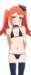 Rule 34 | 1girl, absurdres, bikini, black bikini, black choker, black thighhighs, blush, choker, fire emblem, fire emblem engage, flat chest, flower, hair flower, hair ornament, highres, looking at viewer, navel, nintendo, orange hair, osame, panette (fire emblem), solo, stitched mouth, stitches, swimsuit, thighhighs, twintails, yellow eyes