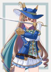 Rule 34 | 1girl, animal ears, belt, blue border, blue cape, blue headwear, blue jacket, border, brown belt, brown hair, buttons, cape, clenched hand, closed mouth, commentary request, cowboy shot, double-breasted, ear covers, gloves, hair between eyes, highres, holding, holding sword, holding weapon, horse ears, horse girl, horse tail, jacket, long hair, long sleeves, looking at viewer, official alternate costume, philo 324, puffy sleeves, satono diamond (chevalier bleu) (umamusume), satono diamond (umamusume), side cape, simple background, solo, sword, tail, umamusume, very long hair, weapon, white background, white gloves, wide brim, yellow eyes