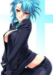 Rule 34 | 10s, 1girl, blue eyes, blue hair, breasts, brown eyes, busou shinki, looking at viewer, matching hair/eyes, midriff, miss black, necktie, open clothes, proxima, short hair, smile, solo