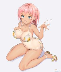 Rule 34 | 1girl, aymusk, bikini, blue eyes, blush, breasts, cleavage, collarbone, floral print, halterneck, hands up, highres, large breasts, long hair, looking at viewer, nail polish, navel, one-piece tan, open mouth, original, pink hair, simple background, sitting, solo, string bikini, swimsuit, tan, tanline, two side up, wariza