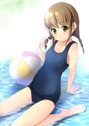 Rule 34 | 1girl, arm support, ball, barefoot, beachball, braid, brown hair, green eyes, leaning back, long hair, old school swimsuit, one-piece swimsuit, original, school swimsuit, shibacha (shibacha 0728), sitting, smile, solo, swimsuit, twin braids, water