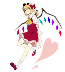 Rule 34 | 1girl, arms behind back, ascot, blush, crystal, demon wings, female focus, flandre scarlet, full body, harano, looking at viewer, mary janes, shoes, short hair, side ponytail, simple background, solo, touhou, white background, wings