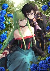 Rule 34 | 1boy, 1girl, absurdres, ascot, bare shoulders, black choker, black hair, blue flower, blue rose, breasts, budgiepon, bush, c.c., choker, closed mouth, code geass, collarbone, couple, dress, flower, frills, green hair, hetero, highres, lelouch vi britannia, long hair, long sleeves, looking at another, looking at viewer, medium breasts, off-shoulder dress, off shoulder, parted lips, purple ascot, purple eyes, rose, short hair, sitting, straight hair, yellow eyes