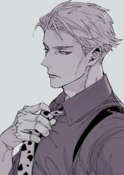 Rule 34 | 1boy, adjusting clothes, adjusting necktie, animal print, collared shirt, enjin y, expressionless, holding, holding necktie, jujutsu kaisen, leopard print, lips, long sleeves, looking at viewer, male focus, nanami kento, necktie, parted lips, shirt, short hair, solo, suspenders, upper body