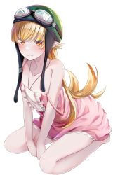 Rule 34 | absurdres, bare shoulders, barefoot, between legs, blonde hair, blush, breasts, collarbone, commentary, dress, fang, from above, goggles, goggles on headwear, green headwear, hand between legs, helmet, highres, jewelry, leaning forward, long hair, looking at viewer, looking up, monogatari (series), motorcycle helmet, necklace, oshino shinobu, pink dress, pointy ears, seiza, simple background, sitting, skin fang, small breasts, smile, smug, solo, spaghetti strap, strap, sundress, unfastened, white background, yellow eyes, yuunamida uyu