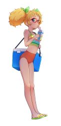 Rule 34 | 1girl, absurdres, aikatsu!, aikatsu! (series), bag, bare legs, barefoot, bikini, blonde hair, blue eyes, bow, carrying bag, carrying over shoulder, crazy straw, cup, disposable cup, drinking, drinking straw, from side, full body, glasses, green bow, hair bow, highres, holding, holding cup, multicolored bikini, multicolored bikini top, multicolored clothes, navel, orange bikini, red-framed eyewear, saegusa kii, shadow, sideways glance, slippers, solo, sports bikini, swimsuit, tankini, transparent background, twintails, wantacchi, water drop