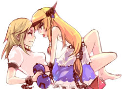 Rule 34 | 2girls, arm support, bad perspective, bare shoulders, barefoot, blonde hair, chain, eye contact, female focus, girl on top, gourd, hase neet, horns, hoshiguma yuugi, ibuki suika, imminent kiss, looking at another, lying, multiple girls, naughty face, on back, orange hair, profile, short hair, single horn, smile, straddling, tongue, touhou, yuri