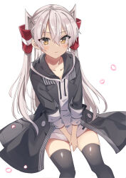 Rule 34 | 1girl, absurdres, amatsukaze (kancolle), bad anatomy, bad leg, black jacket, black thighhighs, blush, closed mouth, collarbone, fathom, feet out of frame, hair between eyes, hair tubes, highres, hood, hoodie, jacket, kantai collection, long hair, long sleeves, official alternate costume, open clothes, open jacket, simple background, smile, solo, thighhighs, two side up, white background, white hair, white hoodie, yellow eyes