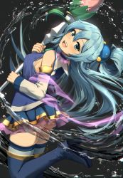 Rule 34 | 1girl, :d, absurdres, aqua (konosuba), ass, bare shoulders, blue eyes, blue hair, blue shirt, blue skirt, boots, choker, detached sleeves, from side, grey background, hair ornament, hair rings, high heel boots, high heels, highres, holding, holding staff, kono subarashii sekai ni shukufuku wo!, long hair, looking at viewer, looking back, meltyrice, no panties, open mouth, see-through, shirt, simple background, skindentation, skirt, smile, solo, spell, staff, teeth, thigh boots, thighhighs, thighhighs under boots, thighs, upper teeth only, water, white sleeves