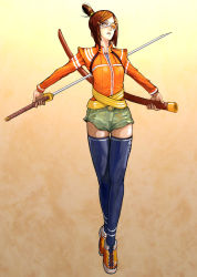 Rule 34 | brown hair, glasses, ishibashi yosuke, katana, ponytail, shorts, solo, sword, thighhighs, weapon