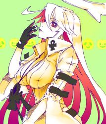 Rule 34 | 1girl, breasts, candy, cleavage, covered erect nipples, food, gloves, guilty gear, guilty gear xrd, jack-o&#039; valentine, kin mokusei, large breasts, lollipop, multicolored hair, red eyes, red hair, simple background, solo, two-tone hair, unzipped, white hair