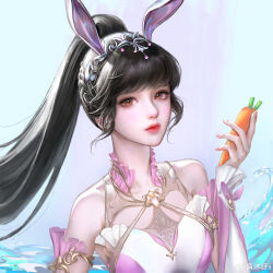 Rule 34 | 1girl, absurdres, animal ears, arm up, bare shoulders, black hair, braid, carrot, closed mouth, douluo dalu, dress, expressionless, gradient background, highres, holding, holding carrot, long hair, orange eyes, pink dress, qing mu ya ii, rabbit ears, shiny skin, solo, upper body, water, waves, xiao wu (douluo dalu)