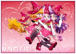 Rule 34 | 3girls, :d, asahina mirai, blonde hair, bow, broom, broom riding, commentary request, copyright name, dress, english text, eyelashes, green eyes, hanami kotoha, happy, hat, heart, izayoi liko, kamikita futago, long hair, looking at another, mahou girls precure!, medium hair, mofurun (mahou girls precure!), multiple girls, official art, open mouth, pink dress, pink eyes, pink hair, pink headwear, precure, purple eyes, purple hair, smile, witch, witch hat