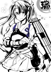 Rule 34 | 10s, 1girl, arrow (projectile), bow, flight deck, gloves, greyscale, kantai collection, monochrome, muneate, myama, partially fingerless gloves, partly fingerless gloves, rigging, single glove, smile, solo, spot color, twintails, yugake, zuikaku (kancolle)