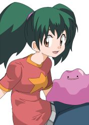 Rule 34 | 1girl, brown eyes, creatures (company), ditto, duplica (pokemon), game freak, gen 1 pokemon, green hair, hainchu, looking at viewer, medium hair, nintendo, open mouth, pokemon, pokemon (anime), pokemon (creature), simple background, smile, twintails, white background