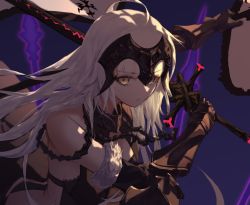 Rule 34 | 1girl, ahoge, armor, armored dress, bare shoulders, black dress, breasts, chain, closed mouth, commentary request, dress, fate/grand order, fate (series), flag, fur trim, gauntlets, godoju, headpiece, holding, holding sword, holding weapon, jeanne d&#039;arc (fate), jeanne d&#039;arc alter (avenger) (fate), jeanne d&#039;arc alter (avenger) (third ascension) (fate), jeanne d&#039;arc alter (fate), long hair, shadow, silver hair, solo, sword, weapon, yellow eyes