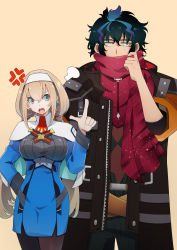 Rule 34 | 1boy, 1girl, absurdres, anger vein, beige background, black hair, black jacket, blue eyes, chinese commentary, covered mouth, edge sainklaus, eyebrows hidden by hair, hair behind ear, hairband, highres, jacket, long hair, looking down, looking up, low twintails, mitsuba greyvalley, red scarf, scarf, super robot wars, super robot wars 30, twintails, v-shaped eyebrows, white hairband, yuer (user ecrv4275)
