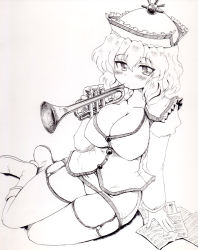 Rule 34 | 1girl, boots, breasts, cleavage, curvy, female focus, garter straps, gradient background, greyscale, hat, instrument, large breasts, merlin prismriver, monochrome, okiraku nikku, panties, solo, thighhighs, thighs, touhou, trumpet, underwear