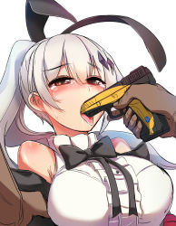 Rule 34 | 1girl, bare shoulders, black bow, black ribbon, blush, bow, bowtie, breasts, brown eyes, buttons, center frills, counter-strike (series), counter-strike 2, five-seven (girls&#039; frontline), fn five-seven, frilled shirt collar, frills, girls&#039; frontline, gun, gun in mouth, hair ornament, hair ribbon, half-closed eyes, handgun, high ponytail, highres, holding, holding gun, holding weapon, large breasts, long hair, pdw-caliber pistol, ponytail, ribbon, shirt, shoulder blush, sidelocks, silver hair, simple background, sleeveless, sleeveless shirt, tears, upper body, weapon, white background, white shirt, yellowseeds