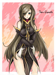 Rule 34 | 00s, 1girl, blue eyes, blush, breasts, brown hair, character name, gloves, hair over one eye, long hair, pink background, piromizu, solo, tabard, tales of (series), tales of the abyss, tear grants