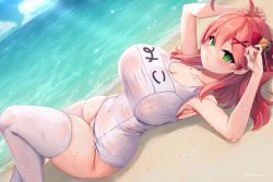 Rule 34 | 1girl, ahoge, beach, blush, breasts, caustics, cleavage, covered navel, dutch angle, feet out of frame, female focus, green eyes, hololive, horizon, large breasts, long hair, looking at viewer, lying, marota, ocean, on back, one-piece swimsuit, outdoors, pink hair, sakura miko, solo, swimsuit, thick thighs, thighhighs, thighs, virtual youtuber, water, white one-piece swimsuit, white thighhighs