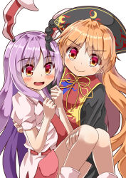 Rule 34 | &gt;:), 2girls, animal ears, arms up, belt, black dress, black headwear, blonde hair, blush, bobby socks, carrying, commentary request, cowboy shot, dress, feet out of frame, hat, head tilt, highres, junko (touhou), light purple hair, long hair, looking at viewer, miniskirt, multiple girls, necktie, open mouth, pink skirt, princess carry, puffy short sleeves, puffy sleeves, rabbit ears, red eyes, red neckwear, reisen udongein inaba, shirt, short sleeves, simple background, skirt, smile, socks, sugiyama ichirou, sweatdrop, tabard, touhou, untucked shirt, very long hair, white background, white legwear, white shirt