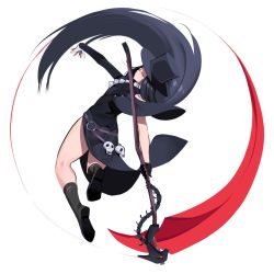 Rule 34 | 1other, androgynous, asymmetrical gloves, bare legs, belt, black gloves, black hair, black suit, closed mouth, closed eyes, fingerless gloves, floating hair, formal, gloves, guilty gear, guilty gear strive, hat, highres, holding, holding scythe, holding weapon, other focus, scythe, solo, suit, suwaiya, testament (guilty gear), thighs, top hat, weapon, white gloves