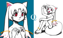 Rule 34 | 10s, 2013, androgynous, animal ears, blue background, colored skin, gender request, grief seed, kyubey, looking at viewer, mahou shoujo madoka magica, mahou shoujo madoka magica (anime), nude, open mouth, personification, red eyes, silverxp, simple background, sitting, tail, tongue, white background, white skin