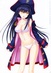 Rule 34 | 1girl, :d, absurdres, bikini, black hairband, blue coat, blue hair, blue headwear, breasts, cleavage, coat, collarbone, contrapposto, copyright name, front-tie bikini top, front-tie top, hair between eyes, hairband, halterneck, hat, head tilt, highres, huge filesize, kushima kamome, large breasts, long hair, looking at viewer, na-ga, navel, official art, open clothes, open coat, open mouth, page number, pirate hat, ribbon, side-tie bikini bottom, sideboob, simple background, smile, solo, standing, summer pockets, swimsuit, very long hair, white background, white bikini, white ribbon, yellow eyes